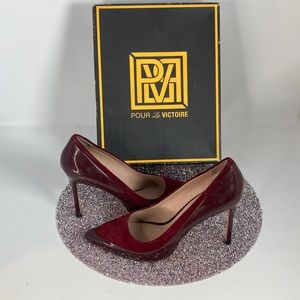 Pour La Victoire pre-loved burgundy patent leather/suede, pointed toe 4in pumps